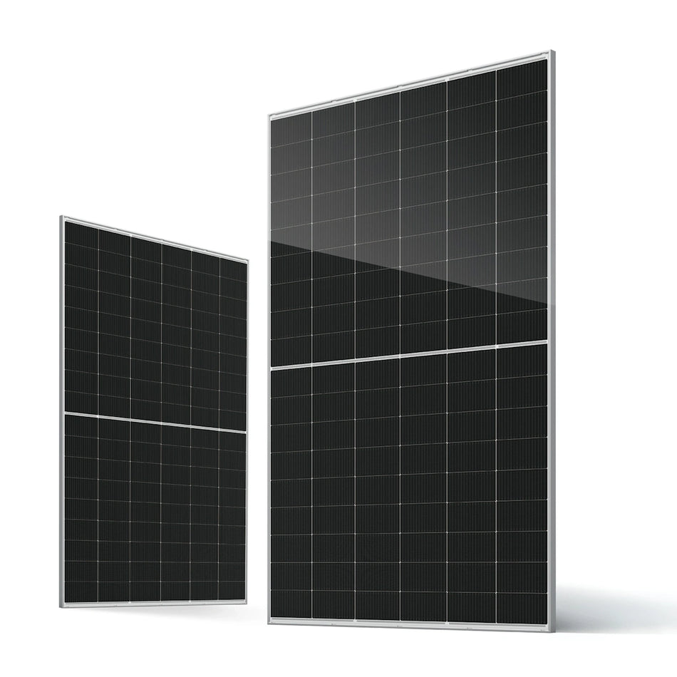 Two solar panels side by side on a white background