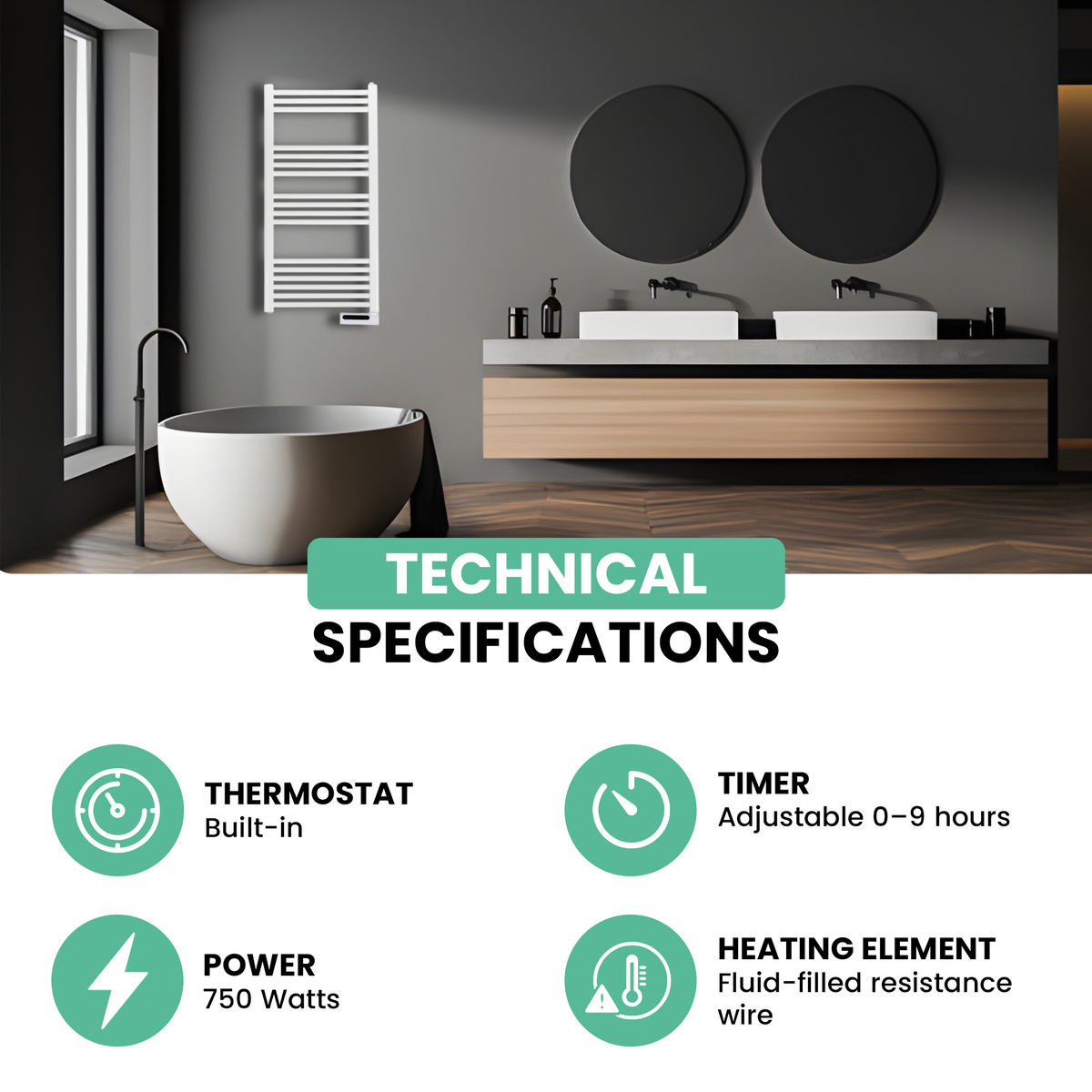 Eurom Sani-Towel 750 White Electric Bathroom Radiator – Powerful and Efficient Towel Warmer with Timer and Safety Features