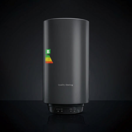 Black water heater with a quality heating logo on a dark background