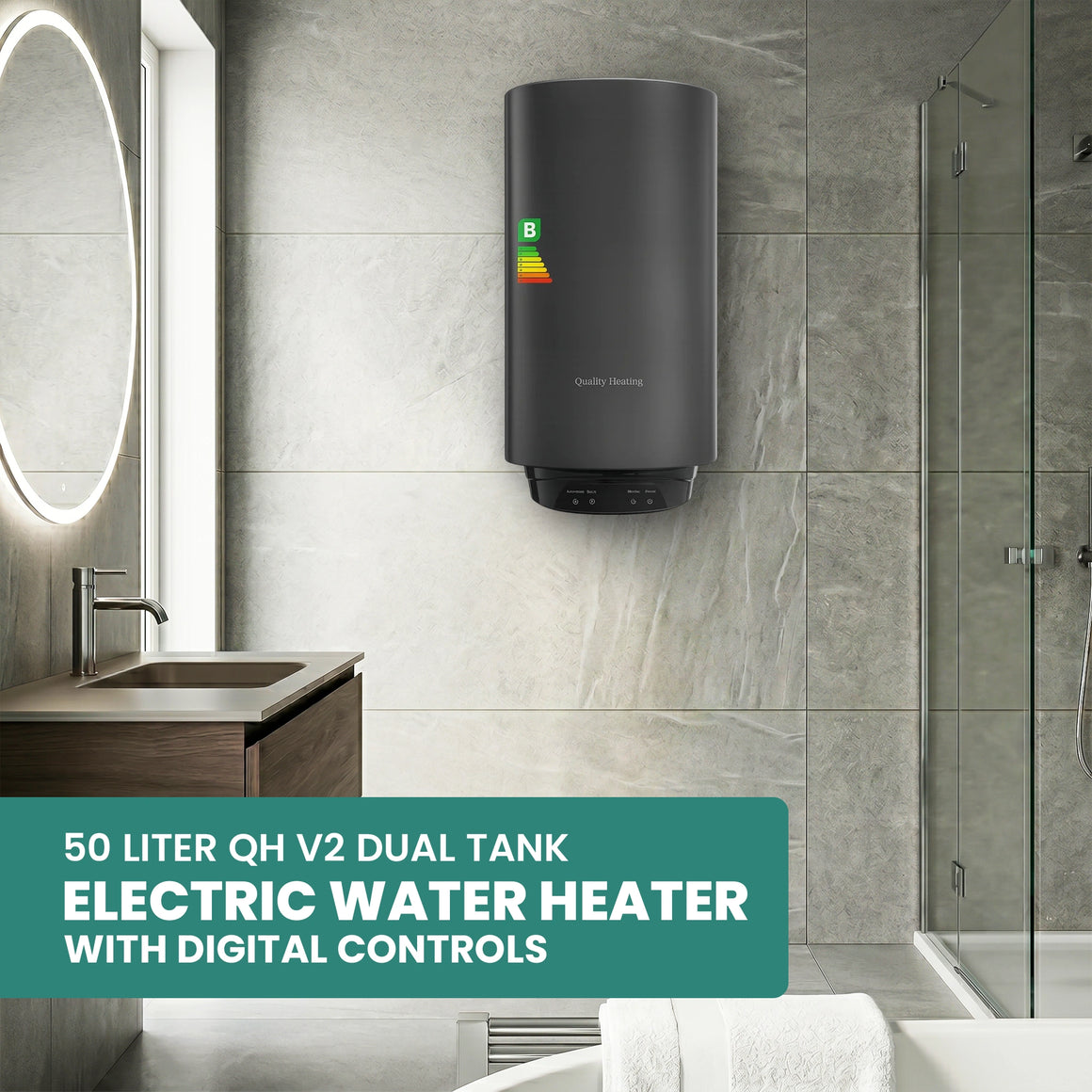 50-liter QH V2 dual tank electric water heater mounted on a tiled bathroom wall.