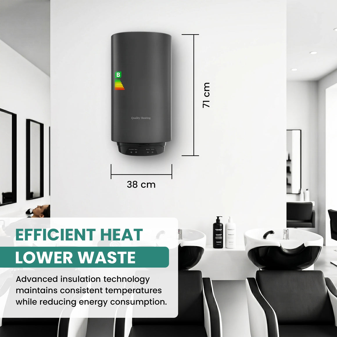Black wall-mounted water heater with dimensions labeled in a modern room setting, emphasizing efficient heat and lower waste.