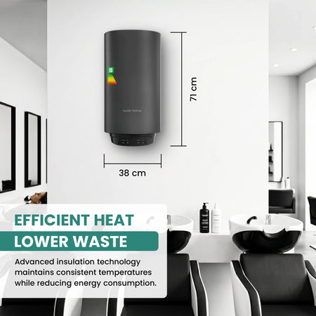 Black wall-mounted water heater with dimensions labeled in a modern room setting, emphasizing efficient heat and lower waste.