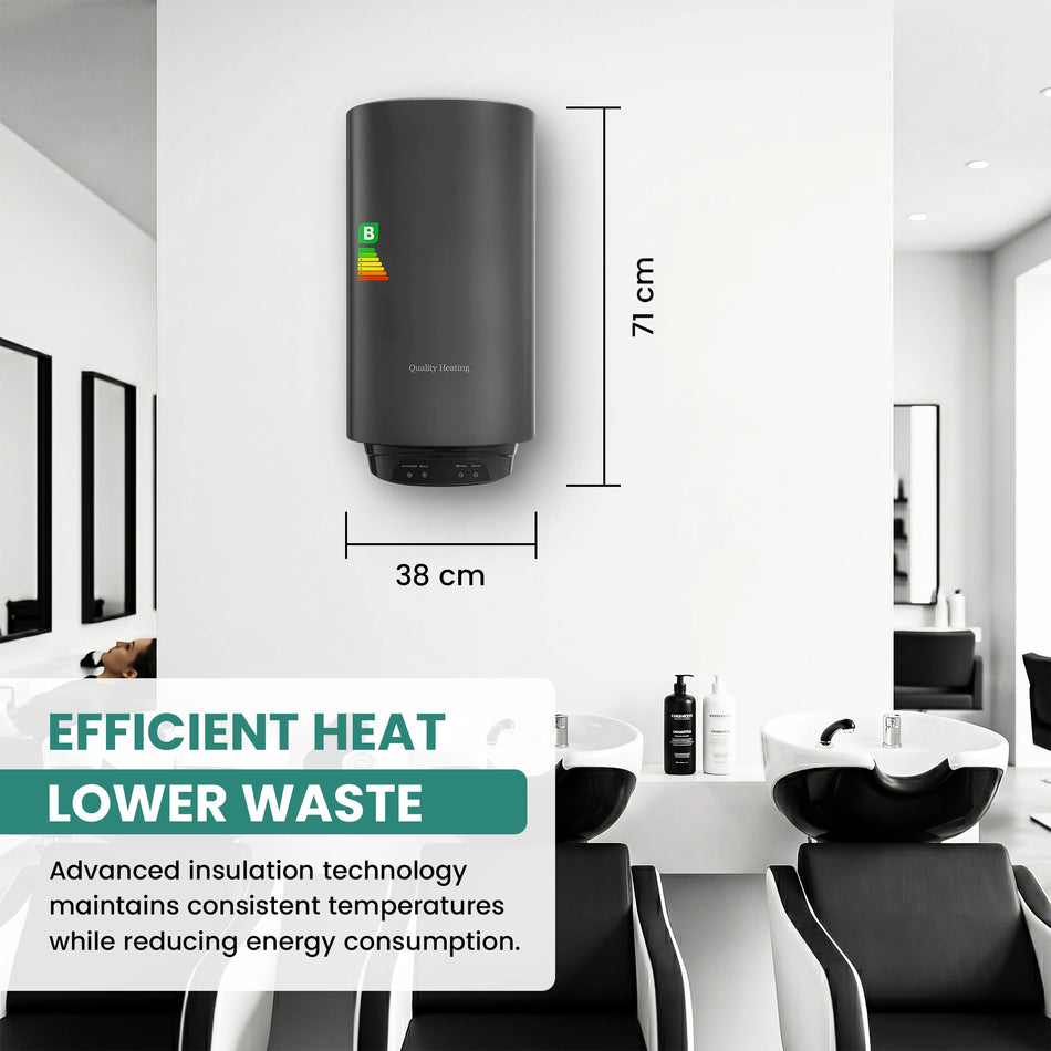 Black wall-mounted water heater with dimensions labeled in a modern room setting, emphasizing efficient heat and lower waste.