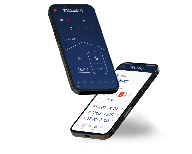 Two smartphones displaying the EHC Comet PV app for remote control and energy monitoring features.