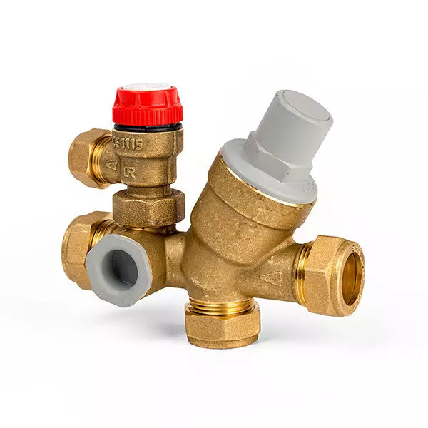 Unvented Group Multibloc Expansion Vessel Connection with PRV and SRV components for hot water systems.