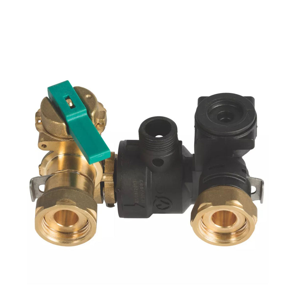 Brass and black valve assembly on a white background