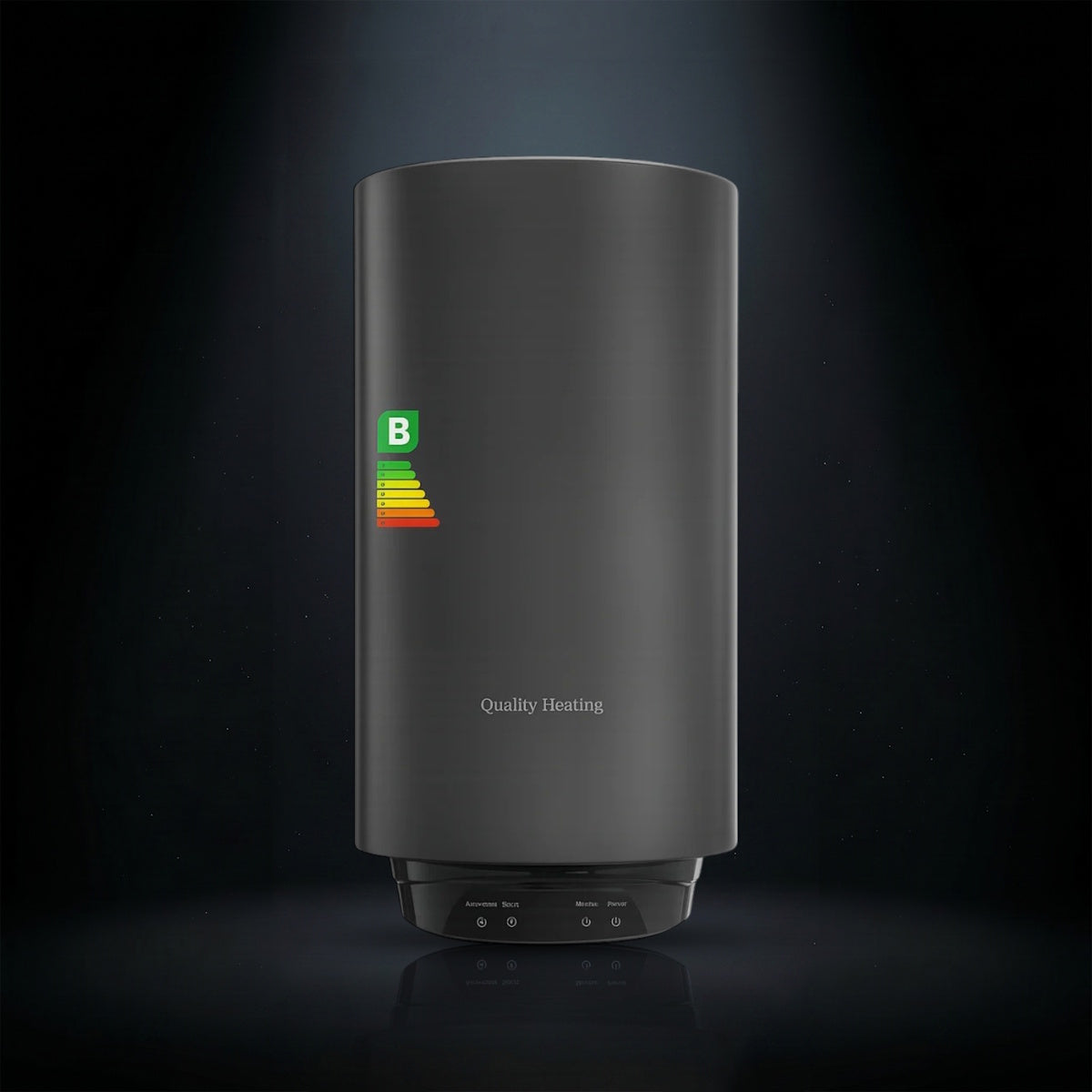 Black cylindrical heating device with a brand logo on a dark background