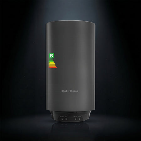 Black cylindrical heating device with a brand logo on a dark background