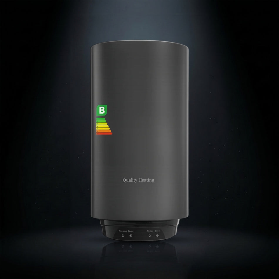 Black cylindrical heating device with a brand logo on a dark background