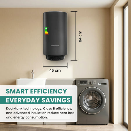 Black water heater mounted on a beige wall with dimensions indicated, below a washing machine and dryer.