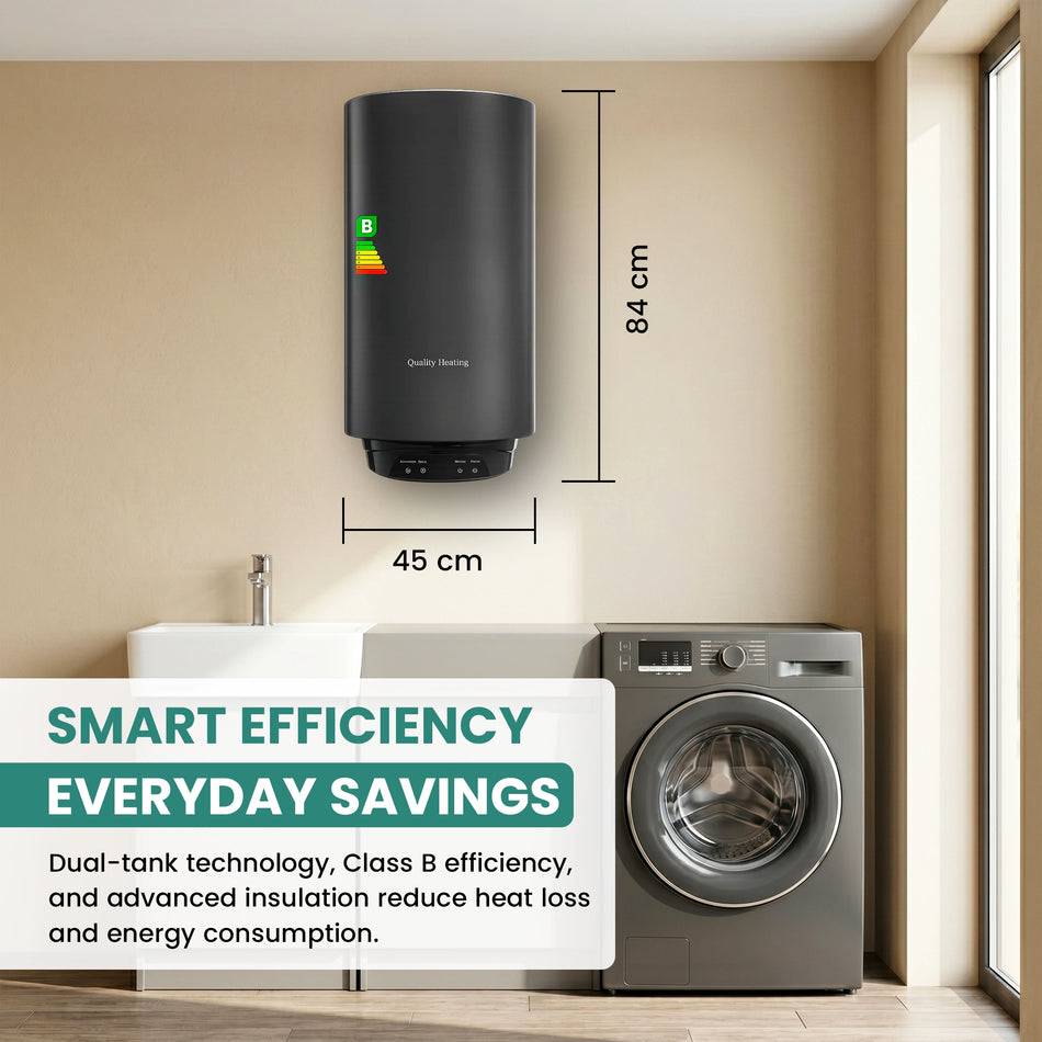 Black water heater mounted on a beige wall with dimensions indicated, below a washing machine and dryer.