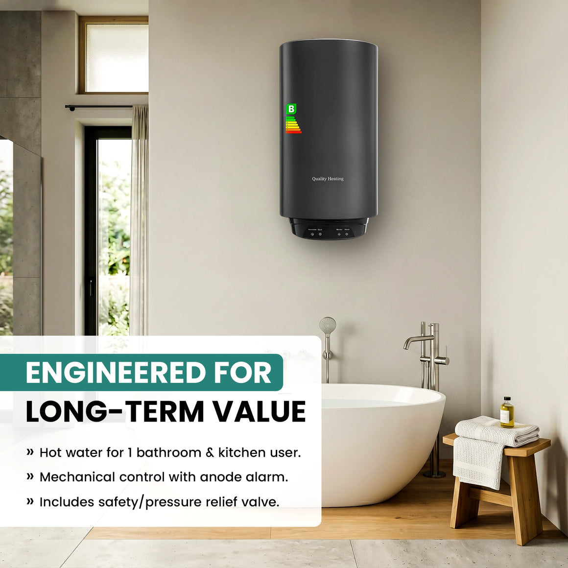 Modern bathroom with a water heater and bathtub, featuring text about product features.