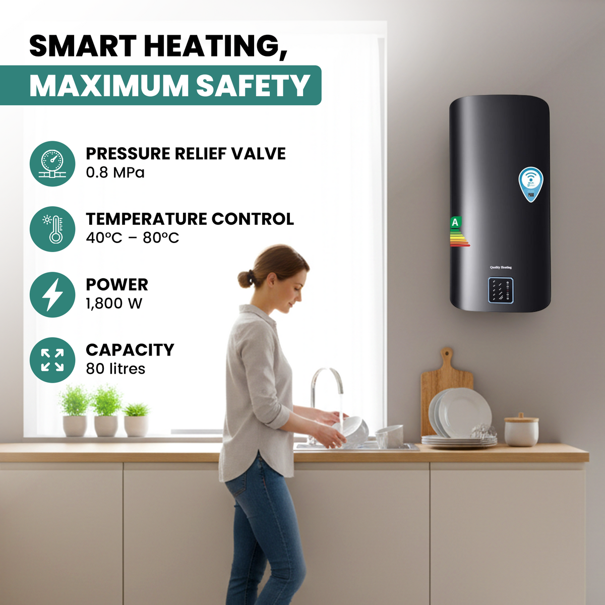 80 Litre QH Flat A-rated Electric Storage Water Heater WiFi Stainless steel tank
