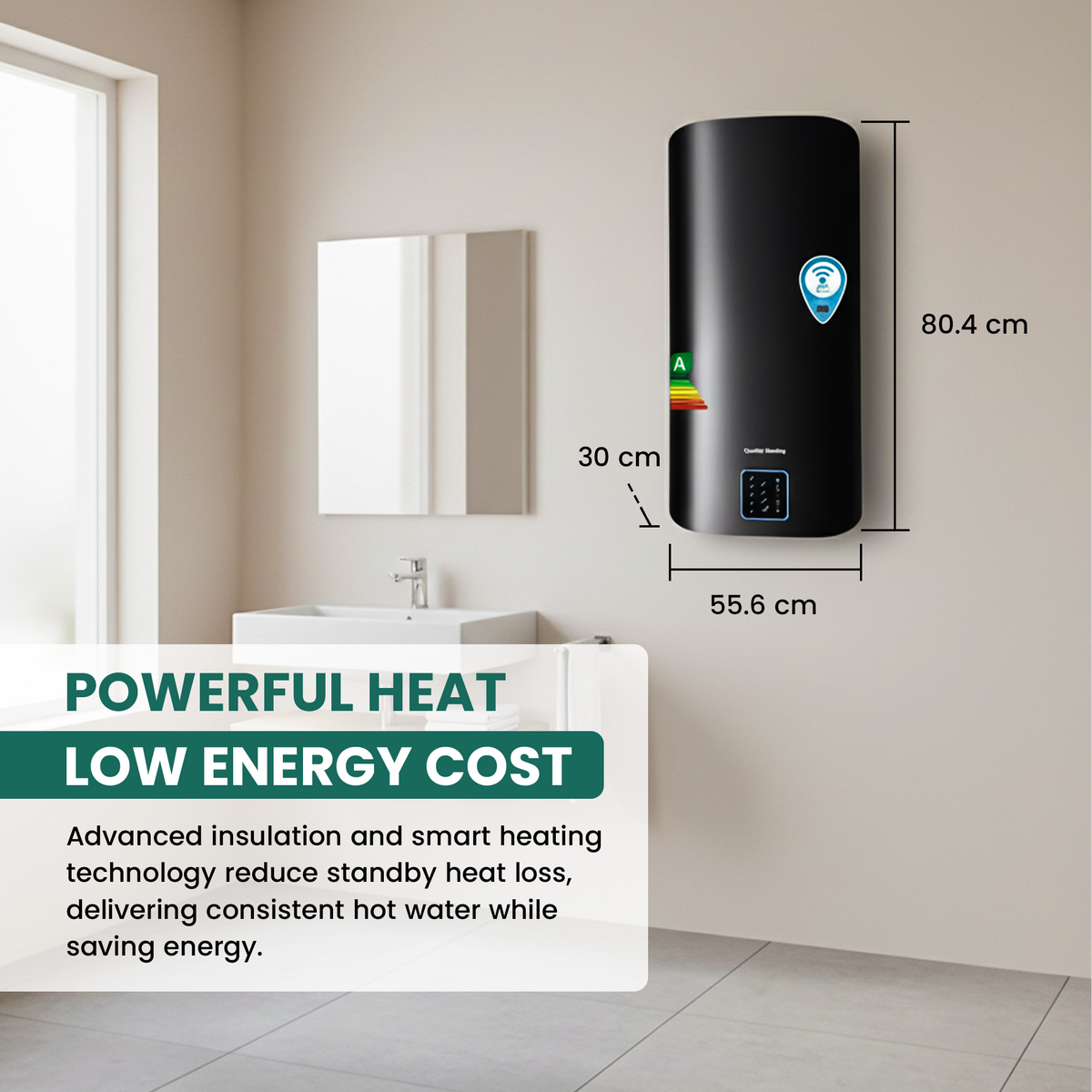 80 Litre QH Flat A-rated Electric Storage Water Heater WiFi Stainless steel tank