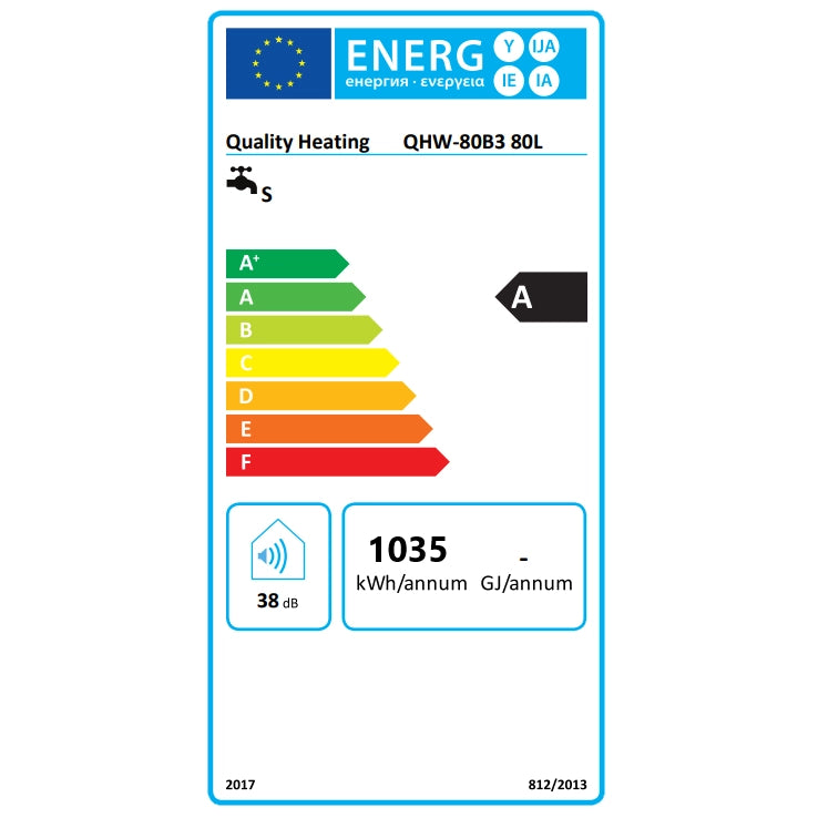 Energy efficiency label for the 80 Litre QH Flat A-rated Electric Storage Water Heater.