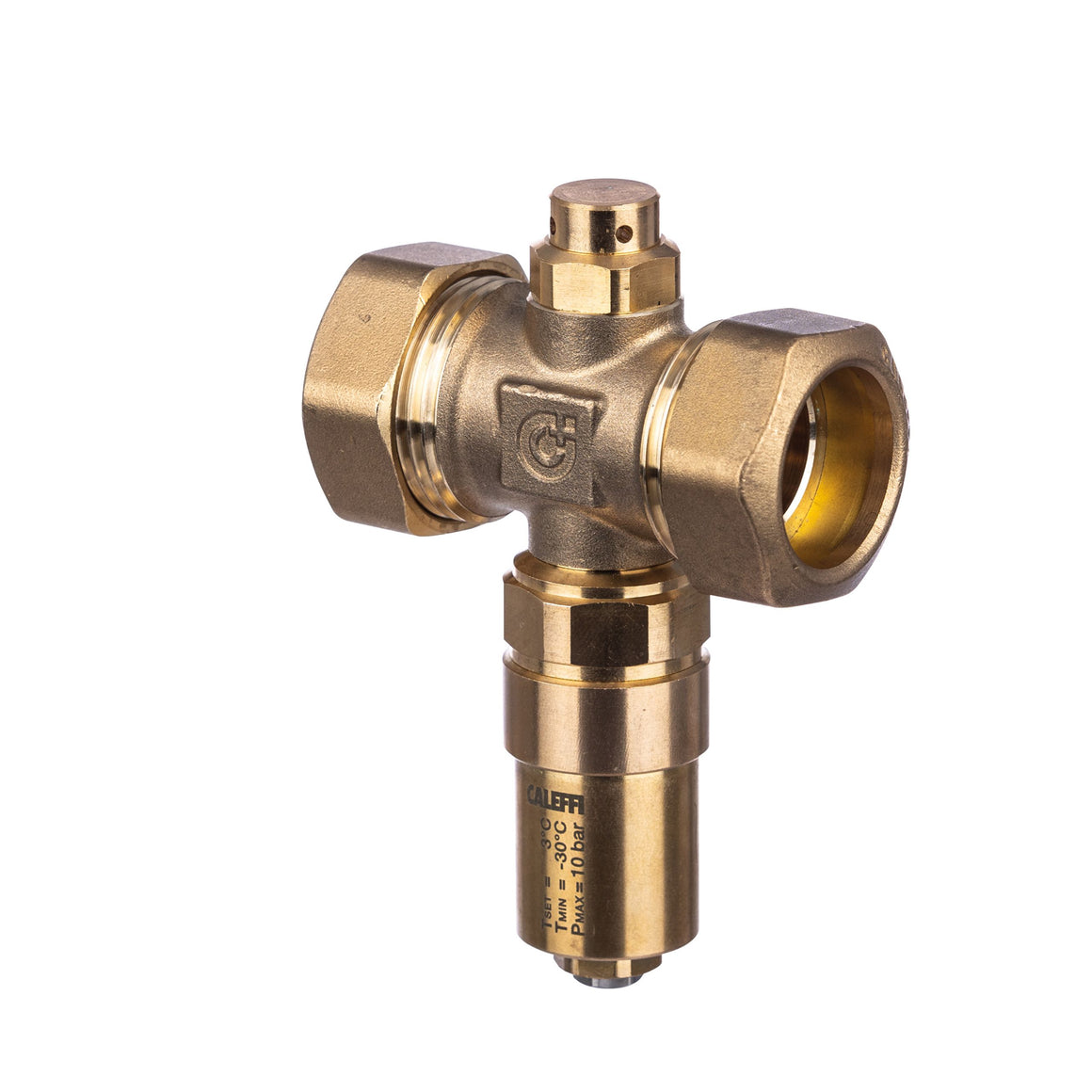 Caleffi brass T-shaped water filter valve with a cylindrical pressure sensor attached to the bottom center, shown on a solid white background.
