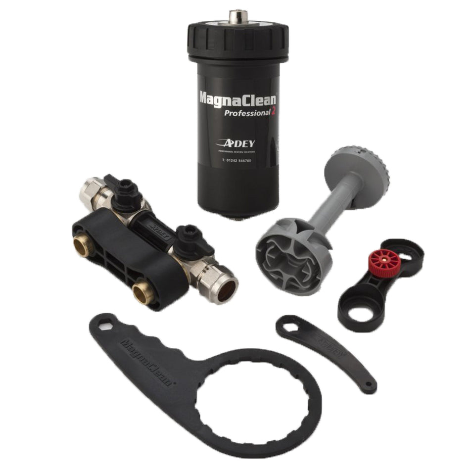ADEY MagnaClean Professional 2XP components including filter, valves, and tools for heating systems.