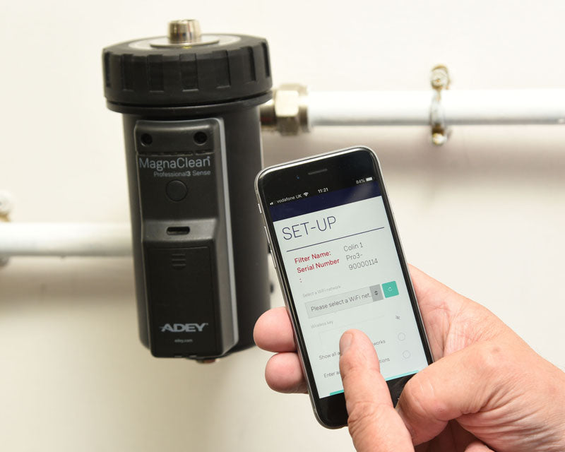 ADEY MagnaClean Professional 3 Sense Wi-Fi System Filter for central heating system protection.