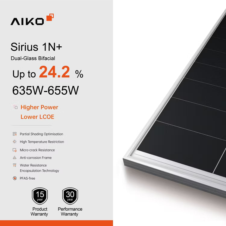 Aiko Stellar 1N+ 645W N-Type ABC, 72 Cell, Silver Frame, Dual Glass, Short Cable, 01C Connector