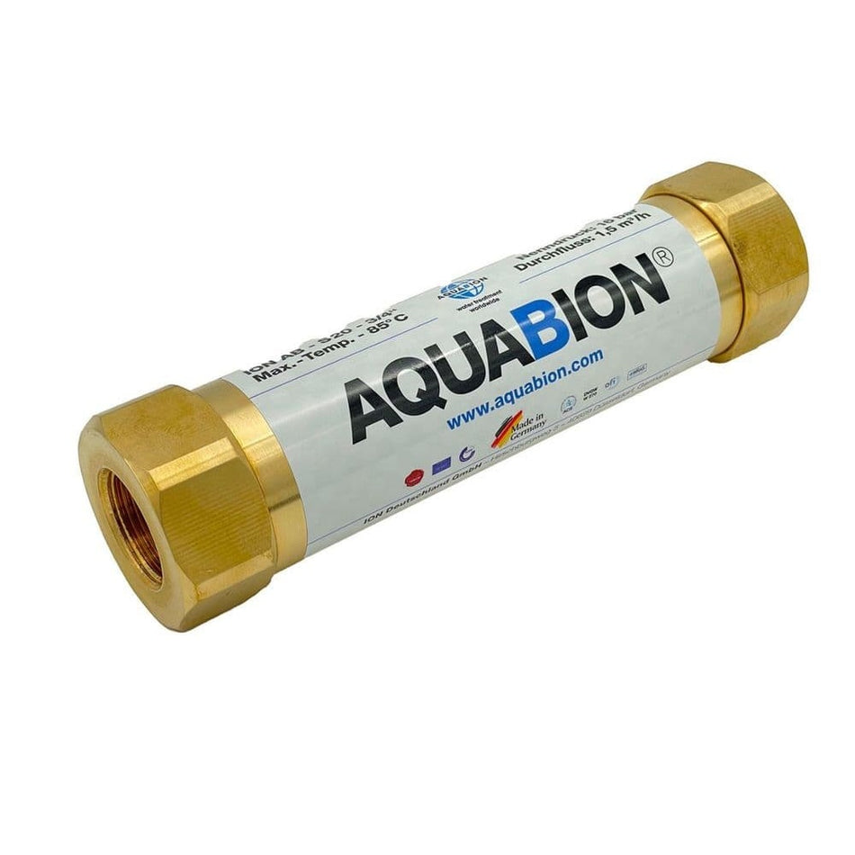 Aquabion S20 Water Conditioner with brass ends on a white background