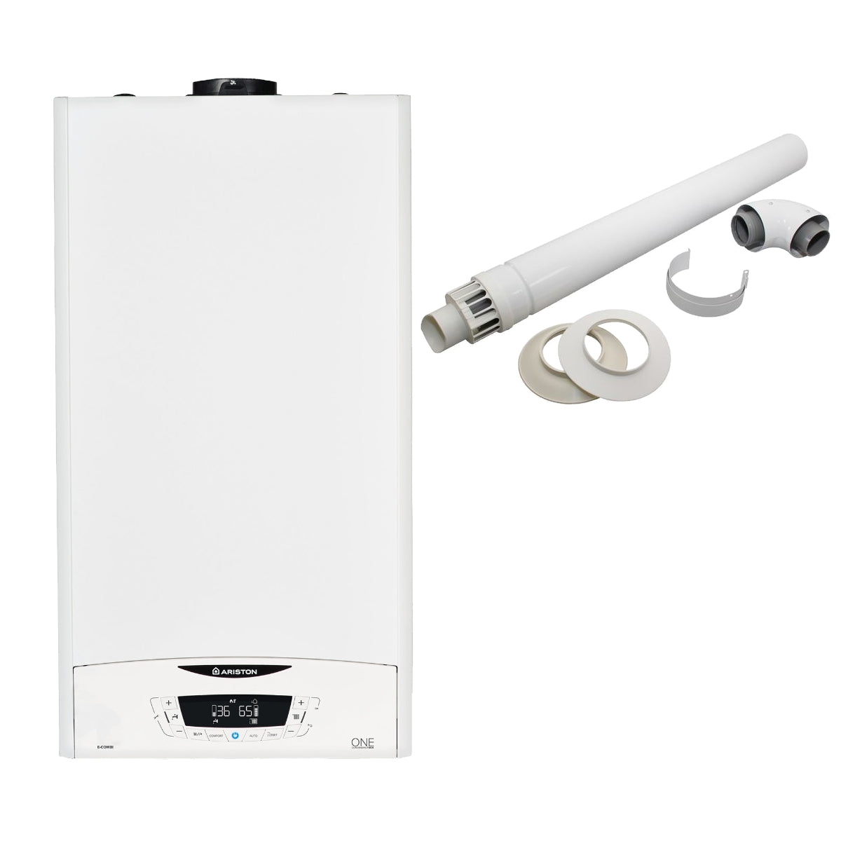 Ariston E-Combi ONE with horizontal flue kit — complete ready-to-install package for holiday homes and static caravans
