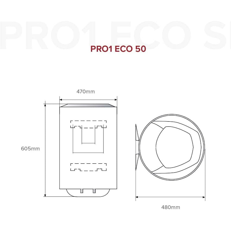 Dimensions diagram of the Ariston Pro1 Eco 50L storage water heater showcasing height, width, and depth.