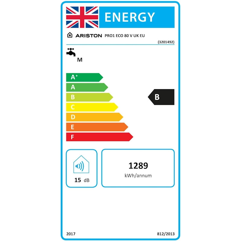 Energy efficiency label for Ariston Pro1 Eco 80L electric storage water heater, showing B rating and annual usage.