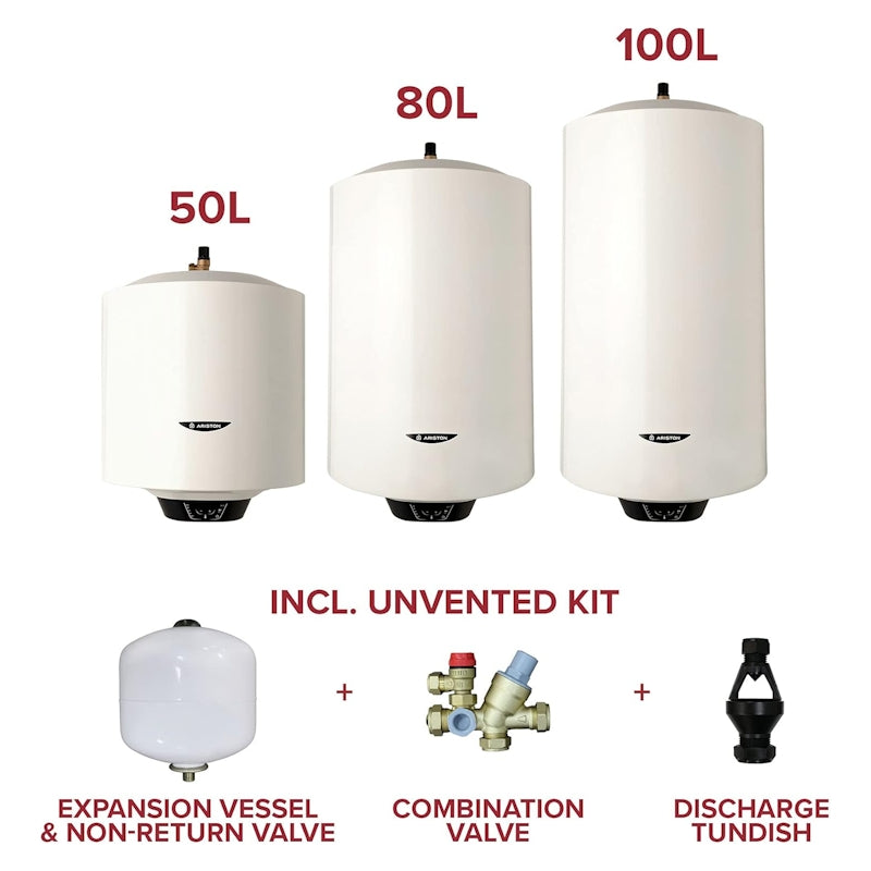 Different sizes of Ariston Storage Water Heater: 50L, 80L, and 100L with unvented kit components.