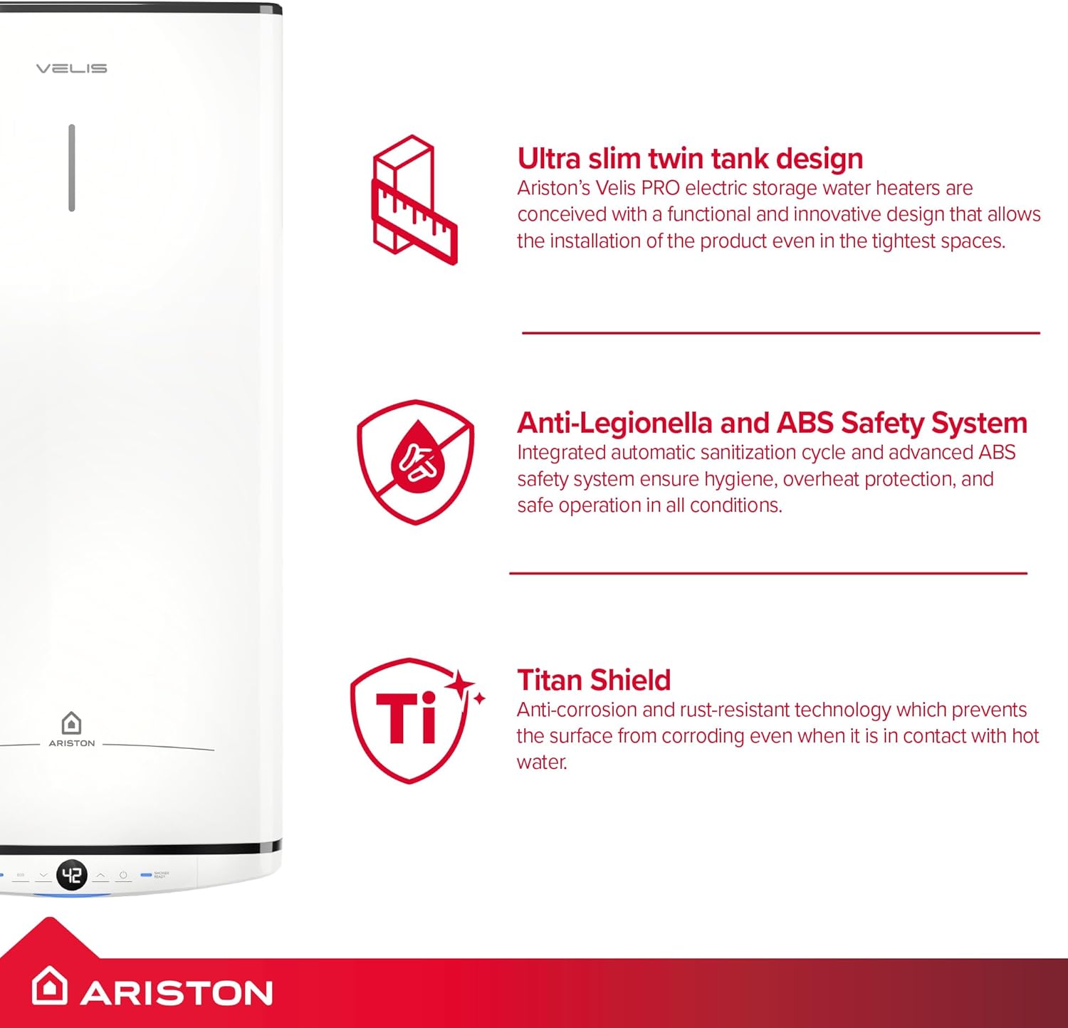 Ariston Velis Tech Wi-Fi 45L compact twin tank water heater with smartphone app integration