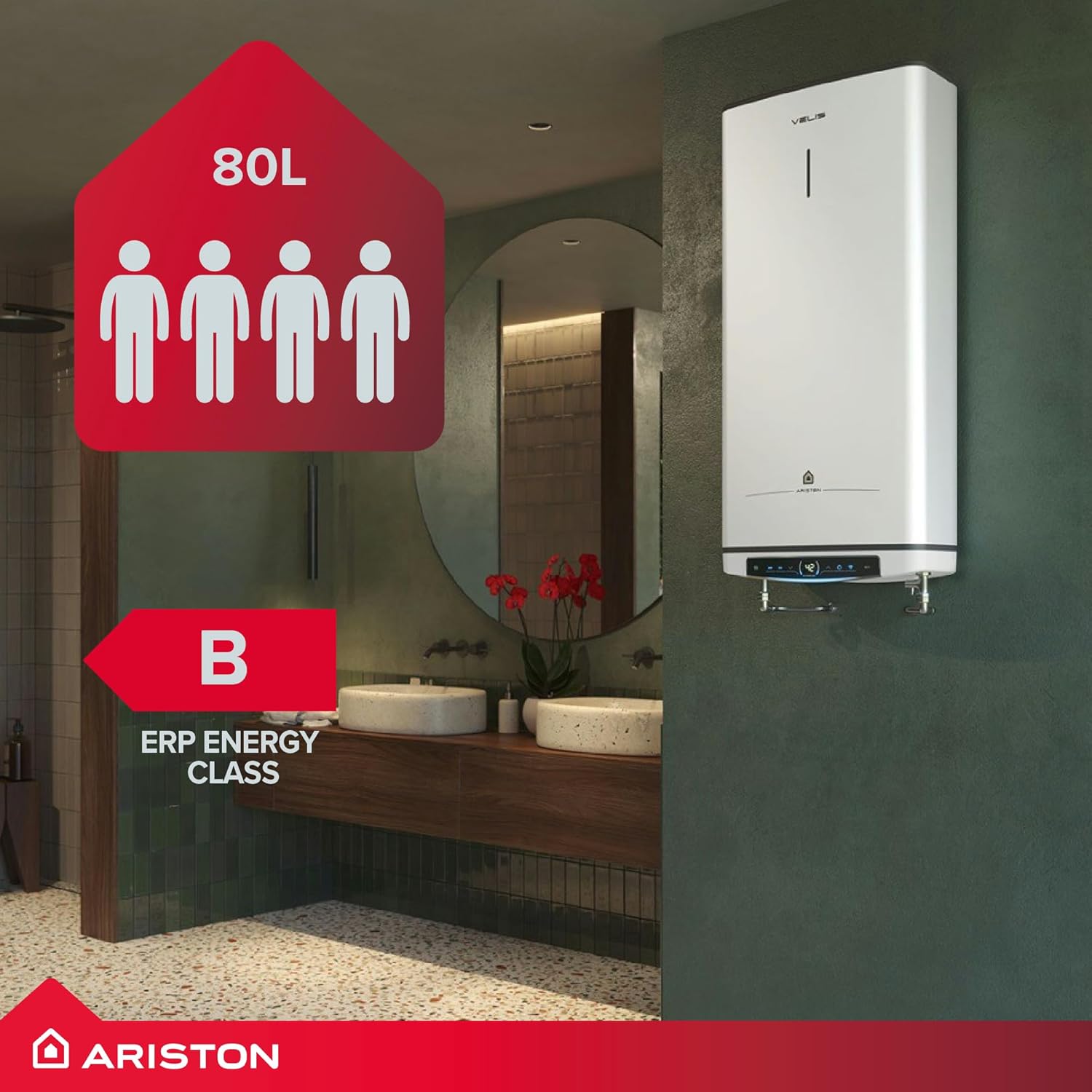 Installer fitting an Ariston Velis Pro 80L unvented electric water heater on a bathroom wall