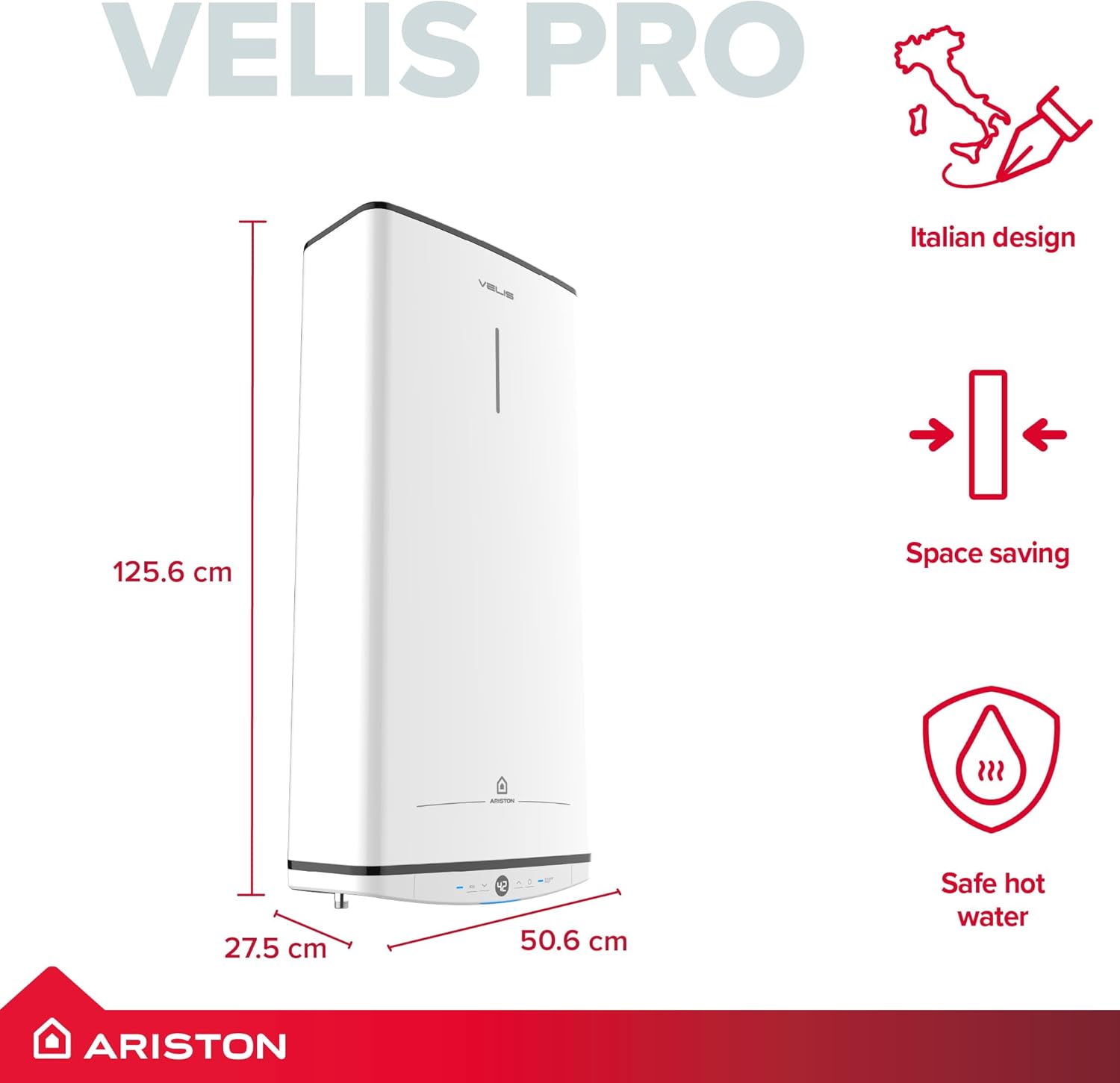 Ariston Velis Pro 45L compact twin tank electric water heater dimensions