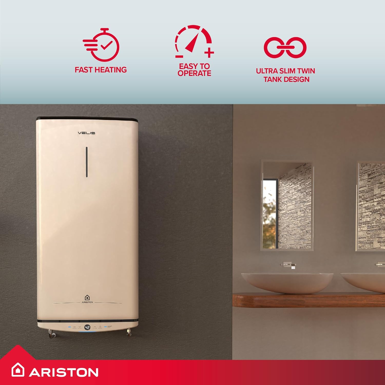 Ariston Velis Pro 80L wall-mounted twin tank electric water heater installed in a slim wall recess