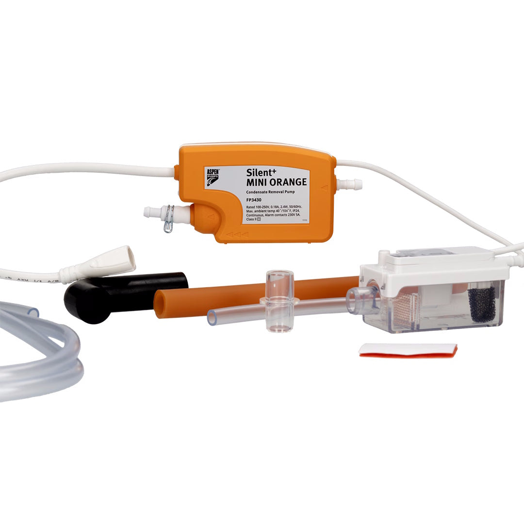Aspen Mini orange condensate pump kit featuring an orange Silent Mini Orange pump, a clear water collection cup, an orange silicone tube, a black float, and white tubing, displayed on a clean white background.