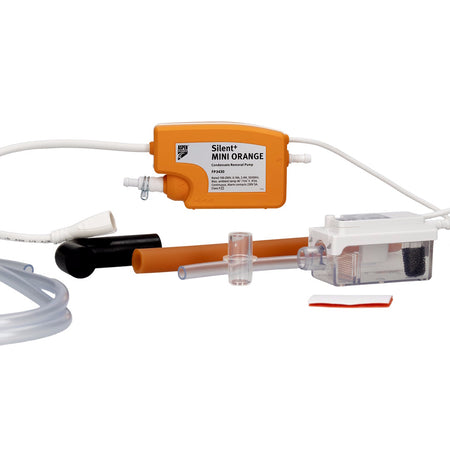 Aspen Mini orange condensate pump kit featuring an orange Silent Mini Orange pump, a clear water collection cup, an orange silicone tube, a black float, and white tubing, displayed on a clean white background.