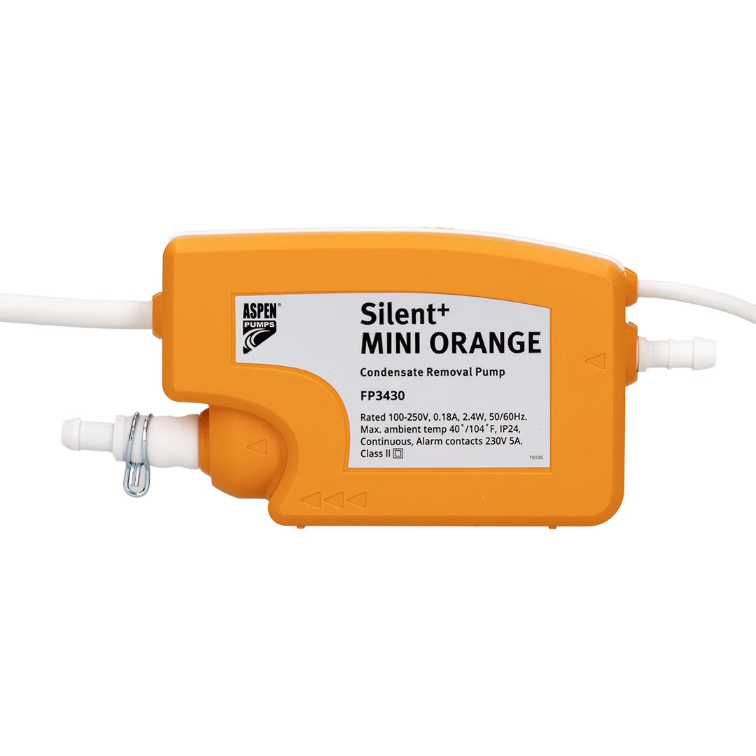 Aspen Products Silent+ Mini Orange Condensate Removal Pump, model FP3430, featuring an orange plastic body with a white label and white tubing connectors.