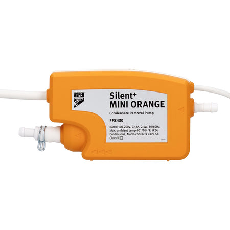Aspen Products Silent+ Mini Orange Condensate Removal Pump, model FP3430, featuring an orange plastic body with a white label and white tubing connectors.
