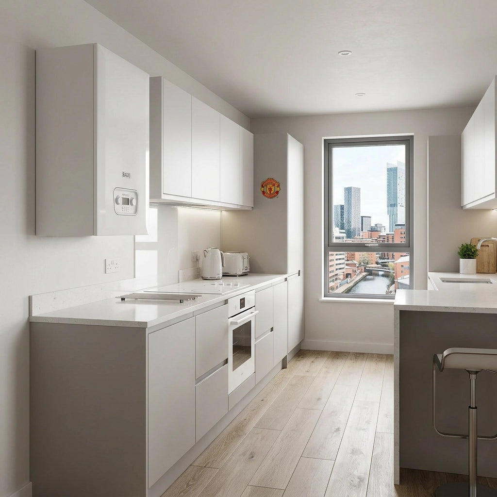Modern kitchen with a wall mounted Baxi Amptec S electric boiler, white cabinets, a window view of a cityscape, and a bar stool.
