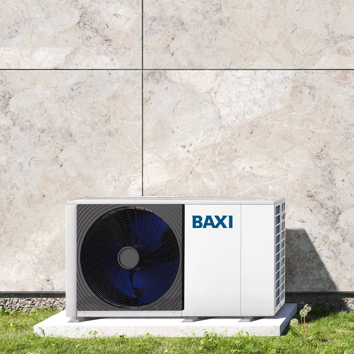 Baxi 5kW HP40 Monobloc Air Source Heat Pump installed in a modern outdoor setting.
