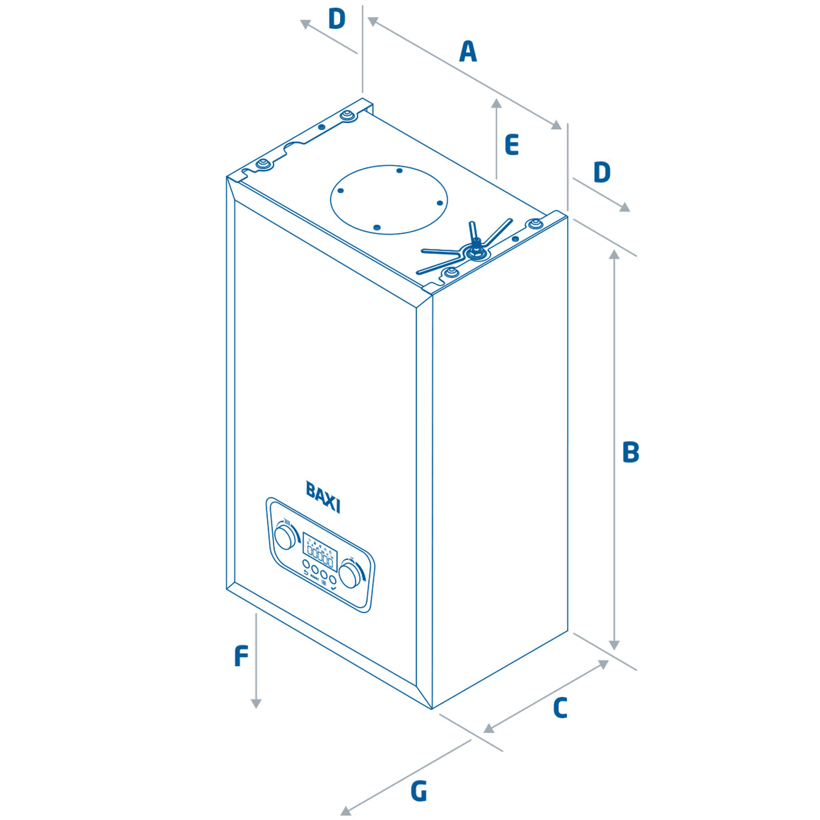 Technical drawing of a Baxi boiler with labeled dimensions on a white background
