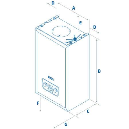 Technical drawing of a Baxi boiler with labeled dimensions on a white background