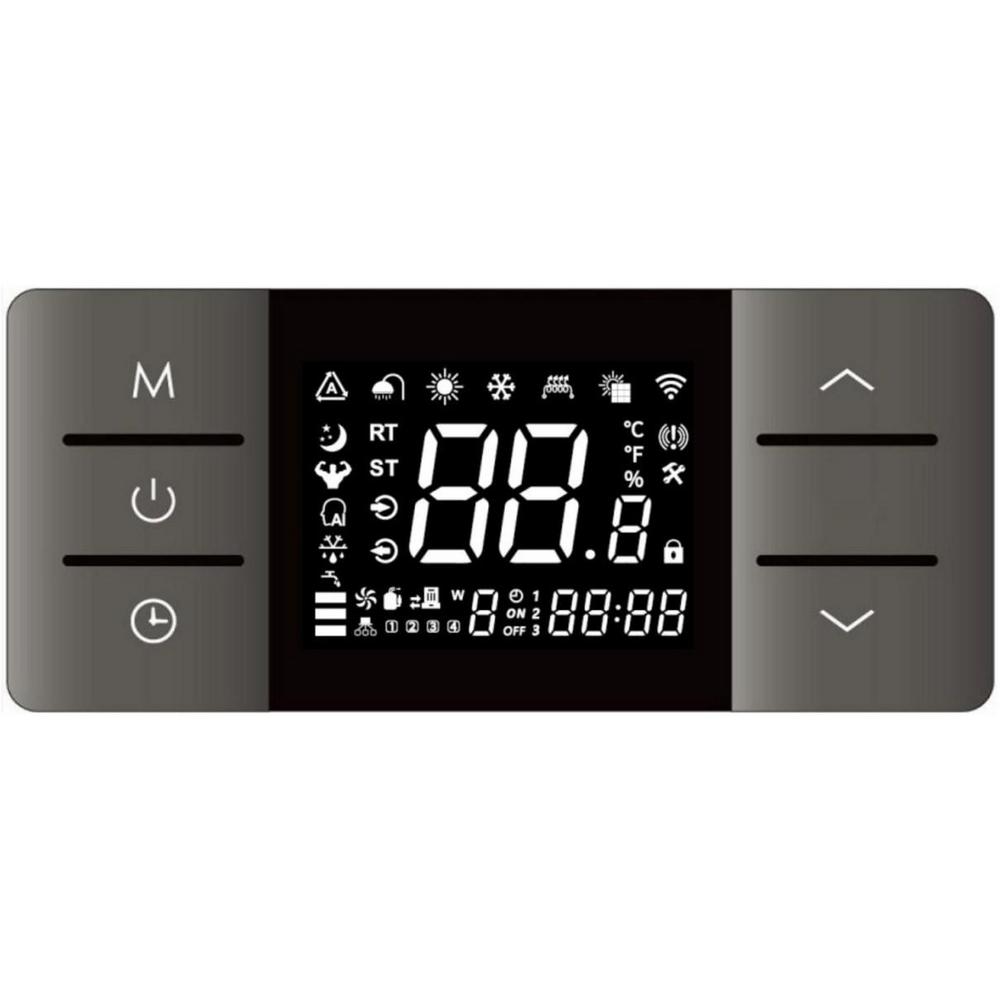 Digital thermostat control panel with display and buttons on a white background