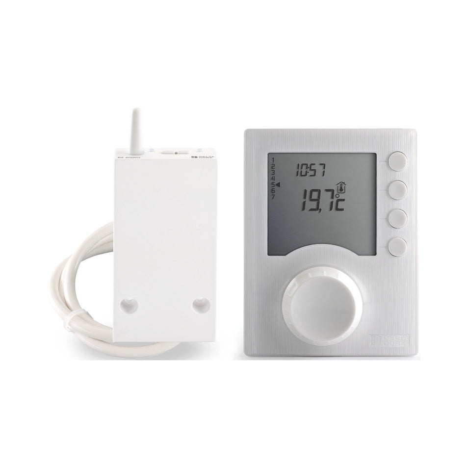 Delta Dore panel shown next to a matching white wireless temperature sensor with an antenna and cable, on a clean white background.