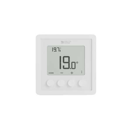 Delta Dore white digital room thermostat with a large display screen showing 19.0 degrees Celsius and four round white buttons below, isolated on a solid white background.