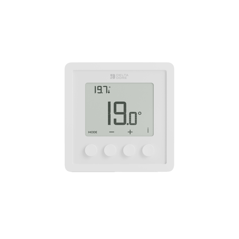 Delta Dore white digital room thermostat with a large display screen showing 19.0 degrees Celsius and four round white buttons below, isolated on a solid white background.