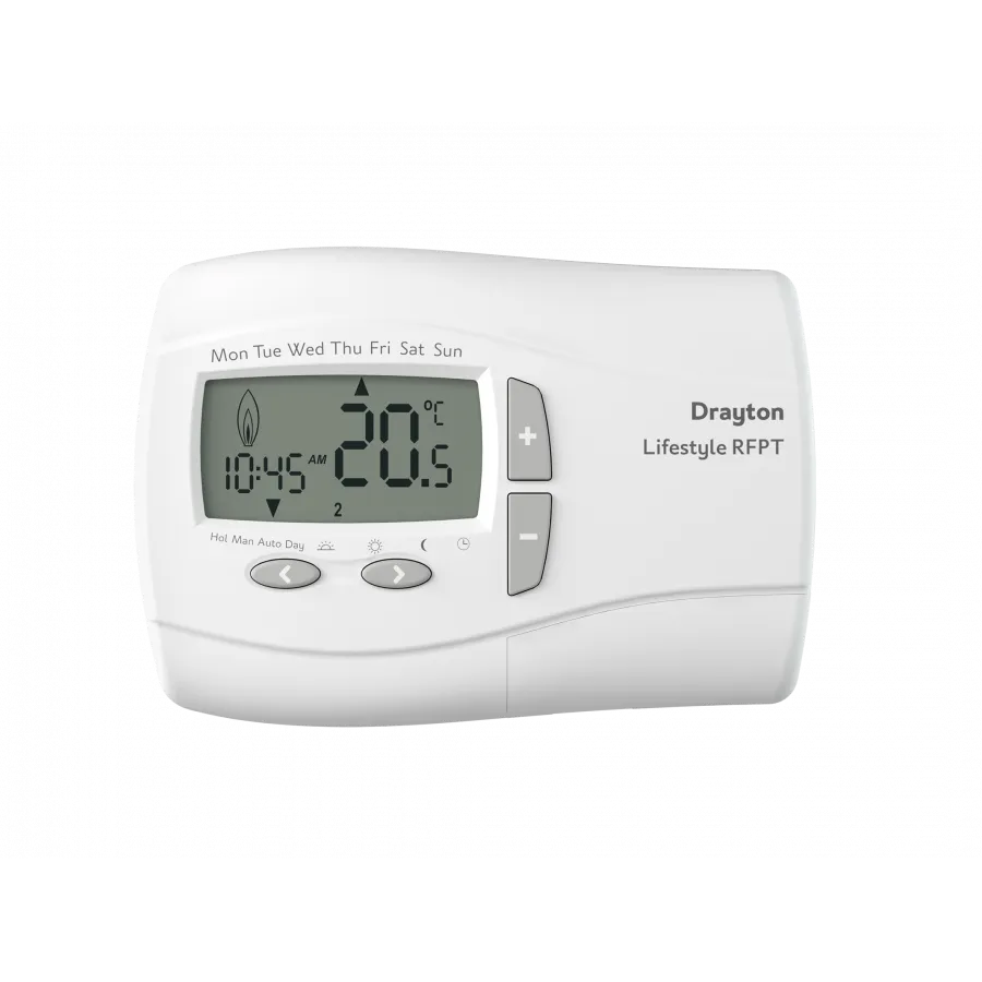 White Drayton digital thermostat on a white background