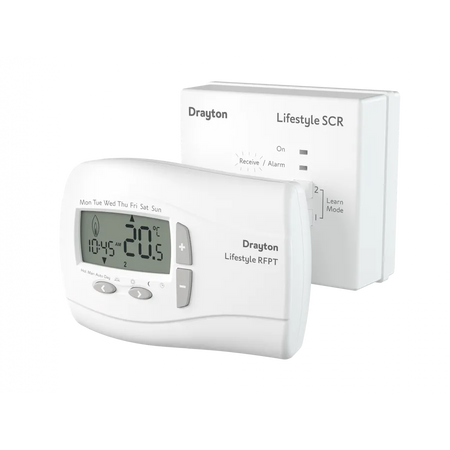 Drayton thermostat with digital display on a white background