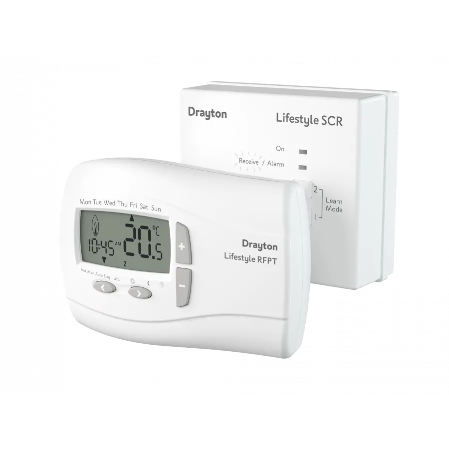 Drayton thermostat with digital display on a white background