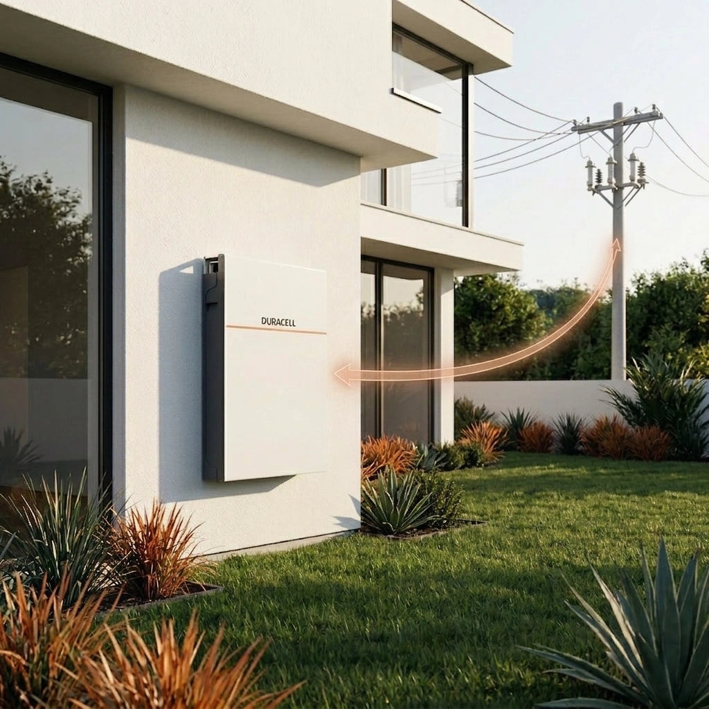 Duracell battery on a modern house exterior with greenery and power lines in the background