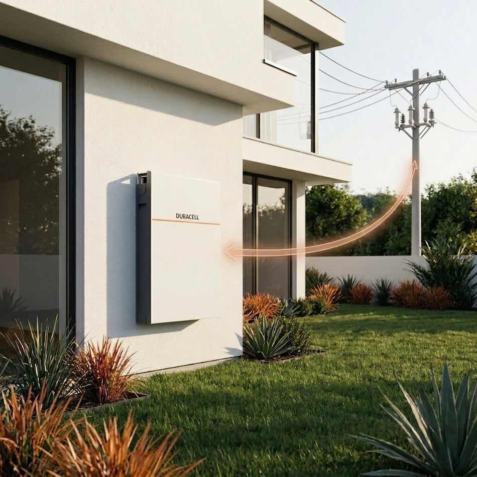 Duracell battery on a modern house exterior with greenery and power lines in the background