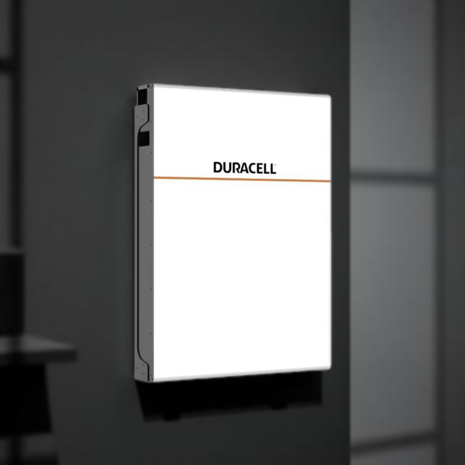 Duracell Energy Dura5 5.12kWh Outdoor Battery mounted on a wall, ideal for solar energy storage.